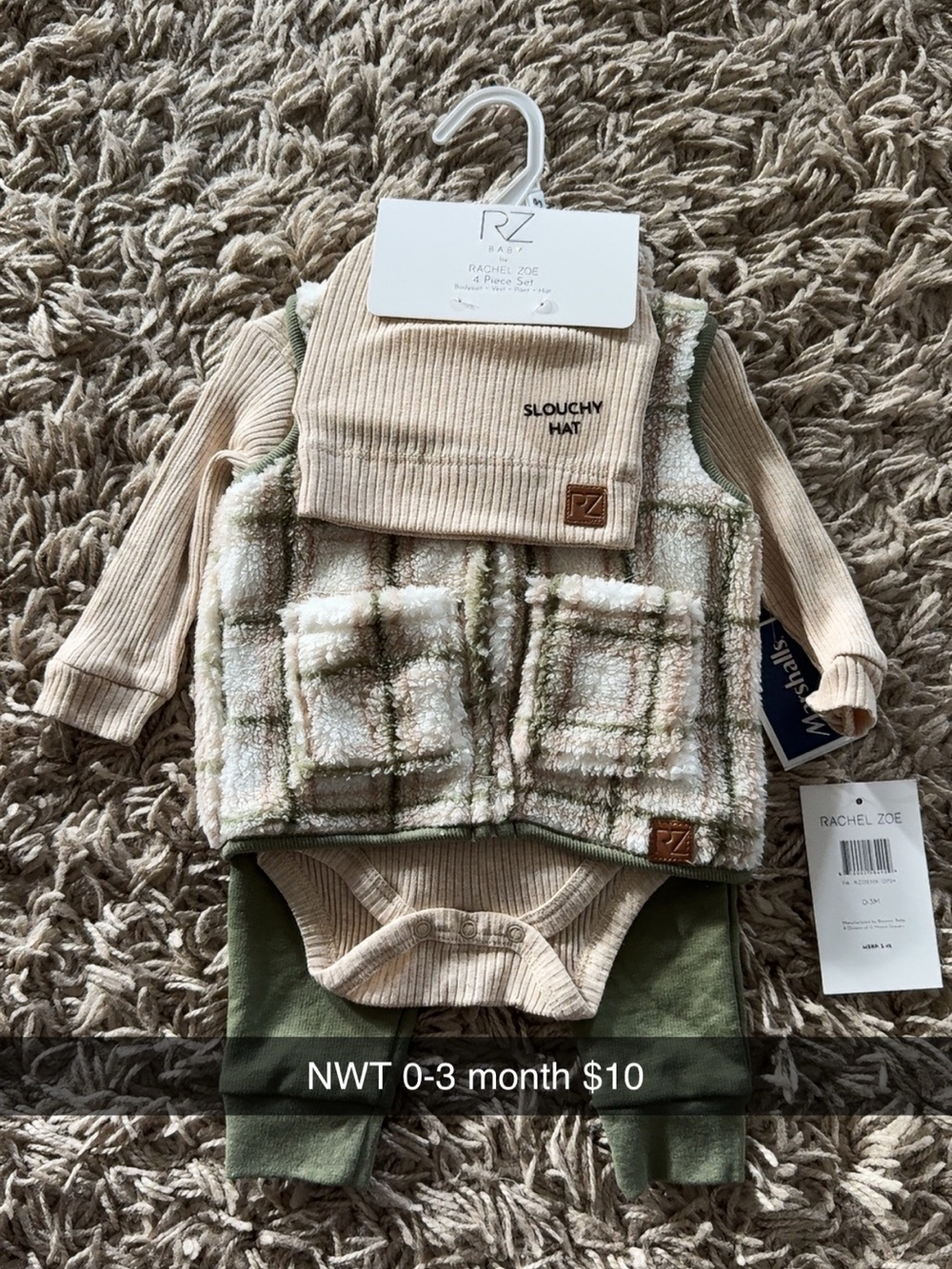 Rachel Zoe Cream & Green Plaid Sherpa Vest with Slouchy Hat Set
